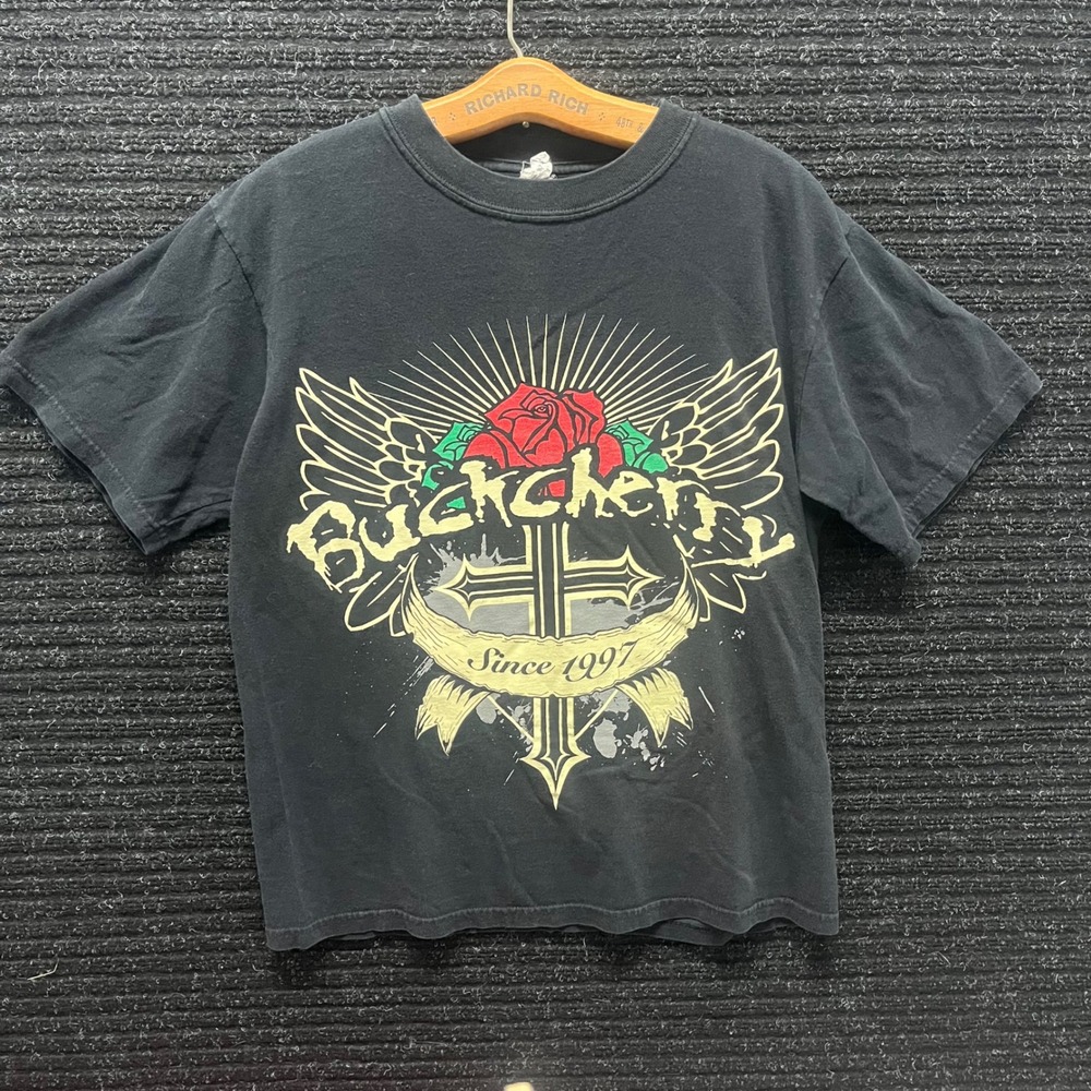 Buckcherry Band T-Shirt Mens Medium Black Graphic Rose Cross Wings Rock Tee